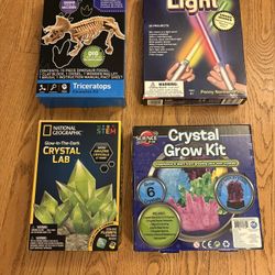 Educational kits (dinosaur excavation, light kit, 2 crystal growing kits)