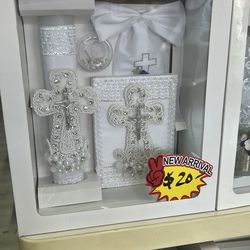 Baptism Candle Set for Boys and Girls,5 PCS Baptism Kit Virgen De Guadalupe Catholic Candle,Towel,Shell,Rosary,Bible for Baptismal Christening First C