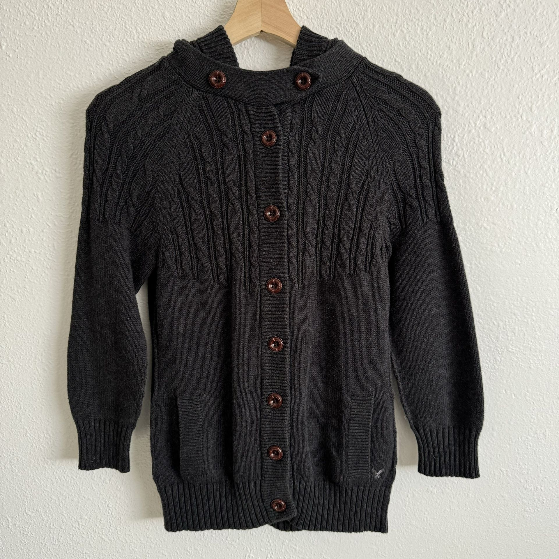 AMERICAN EAGLE Vintage Y2K Dark Grey Button Up Hooded Cardigan Knit Sweater