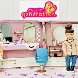 Our Generation Salon on Wheels Bundle W/ 2 Dolls & 35 Accessories!