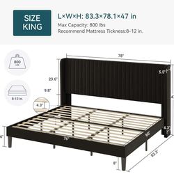 King Velvet Upholstered Platform Bed Frame with Vertical Line Tufted Adjustable Headboard