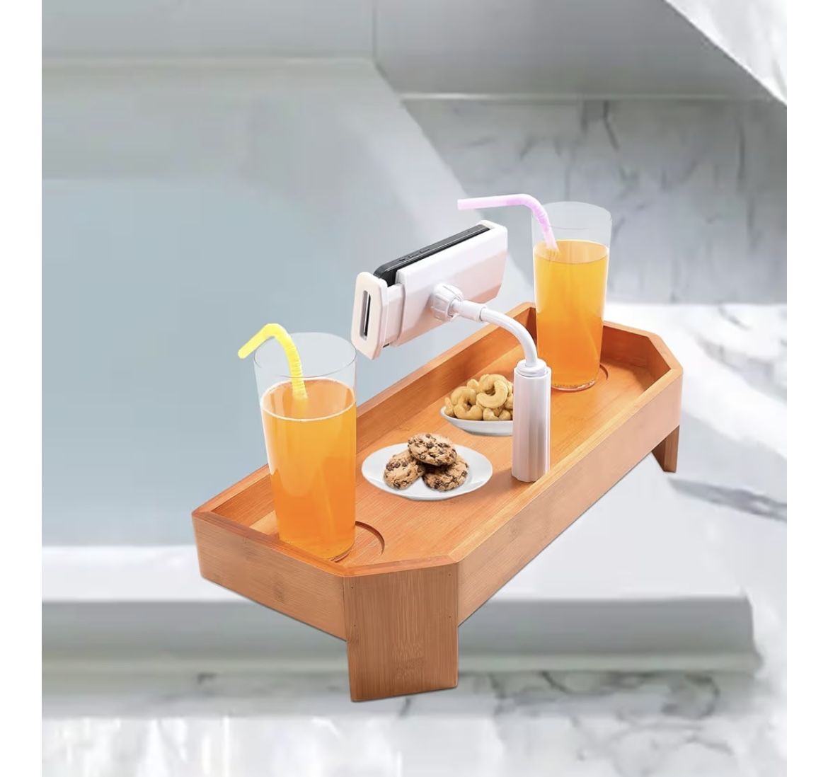 POOLCOMFT Premium Bamboo Hot Tub Tray Table with phone holder - NEW In Box