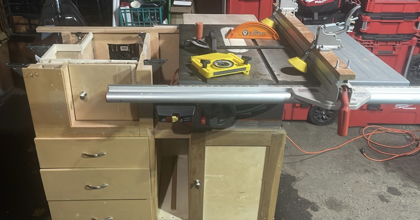 Classic Ridgid TS2412 Table Saw - Very Good Condition with custom solid wooden table and drawers,
