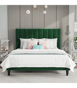 Green Velvet Upholstered Platform Bed Frame