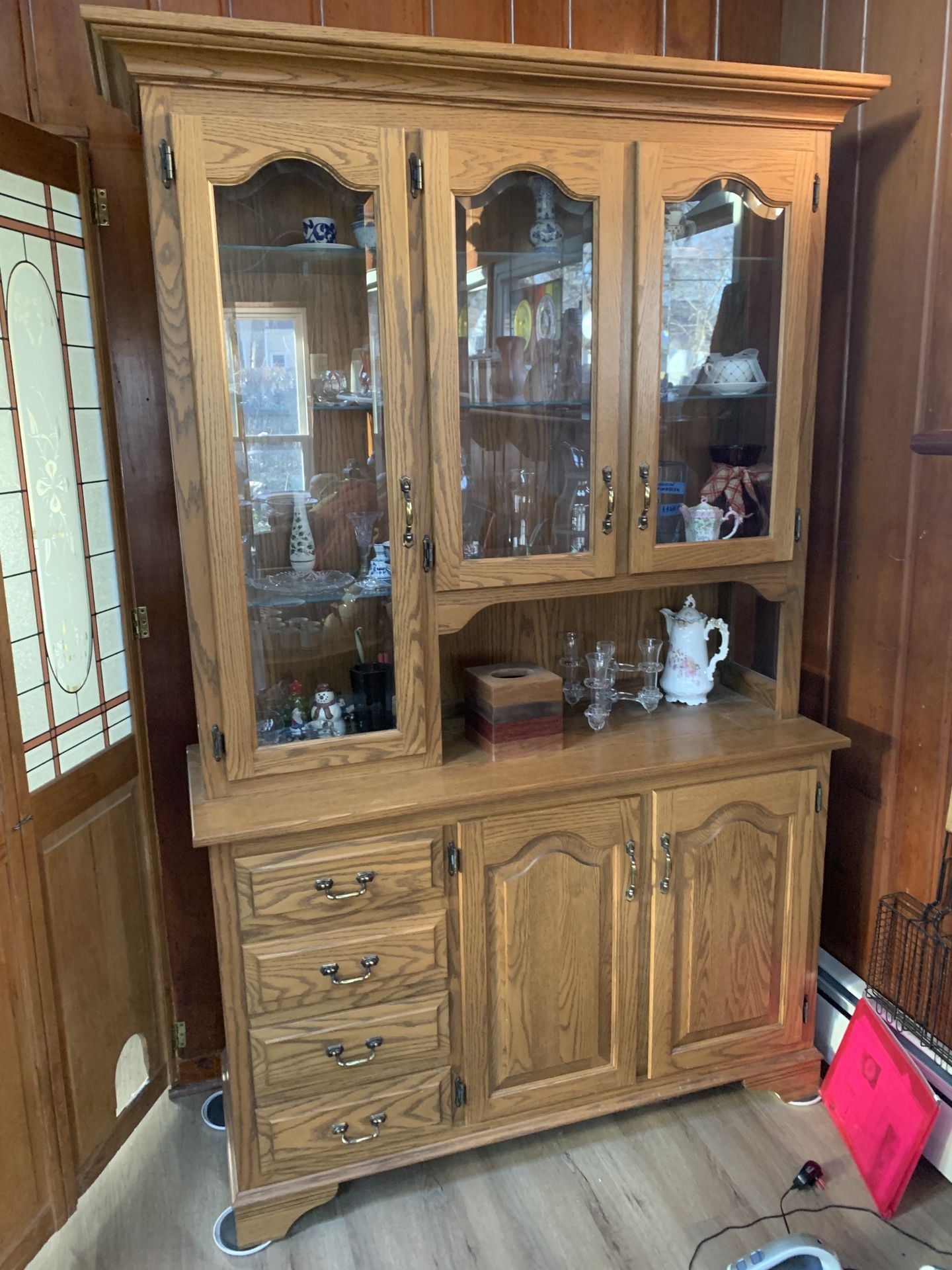 Solid Oak Display Lighted Case - Curio Cabinet- Hutch With Glass Shelves And Storage