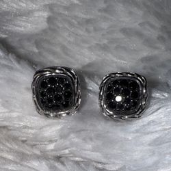 JH John Hardy Black Sapphire 925 Sterling Silver Pave Square 12mm Stud Earrings