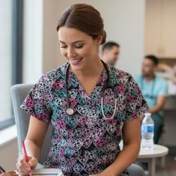 Divine Curves Women's Size 1X Medical Scrub Top W24" X L28" Multi-Color Hearts. Fits Like XL. Very Good Condition. The image shows a Divine Curves scr