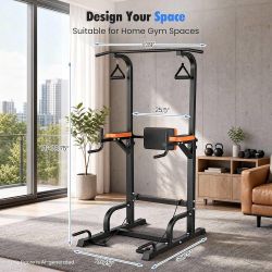 Power Tower Pull Up Bar Station - 6 Height Levels Adjustable Pull Up Dip Station for Home Gym Workout, 450 Lbs Capacity Strength Training Equipment wi
