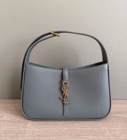 YSL Shoulder Bag Gray Leather Gold Hardware Small Tote Purse