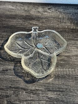 Vintage Romanian Clear Glass 3 Section Leaf Relish Candy Serving Dish