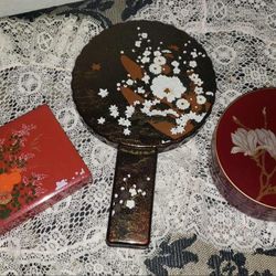 X3 VINTAGE JAPANESE LACQUERED KLEENEX TISSUE STORAGE MAKEUP JEWELRY BOX AWASE-KAGAMI NESTED HAND DOUBLE MIRRO