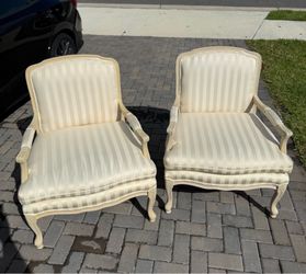 Pair of Dr. Kincaid Chair Co. Cream Striped Upholstered Armchairs