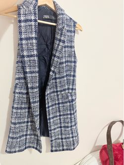 ZARA Blue & White Tweed Sleeveless Long Vest XS