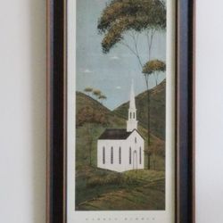 Warren Kimble American Folk Art framed print "Church in Hills" in good condition.