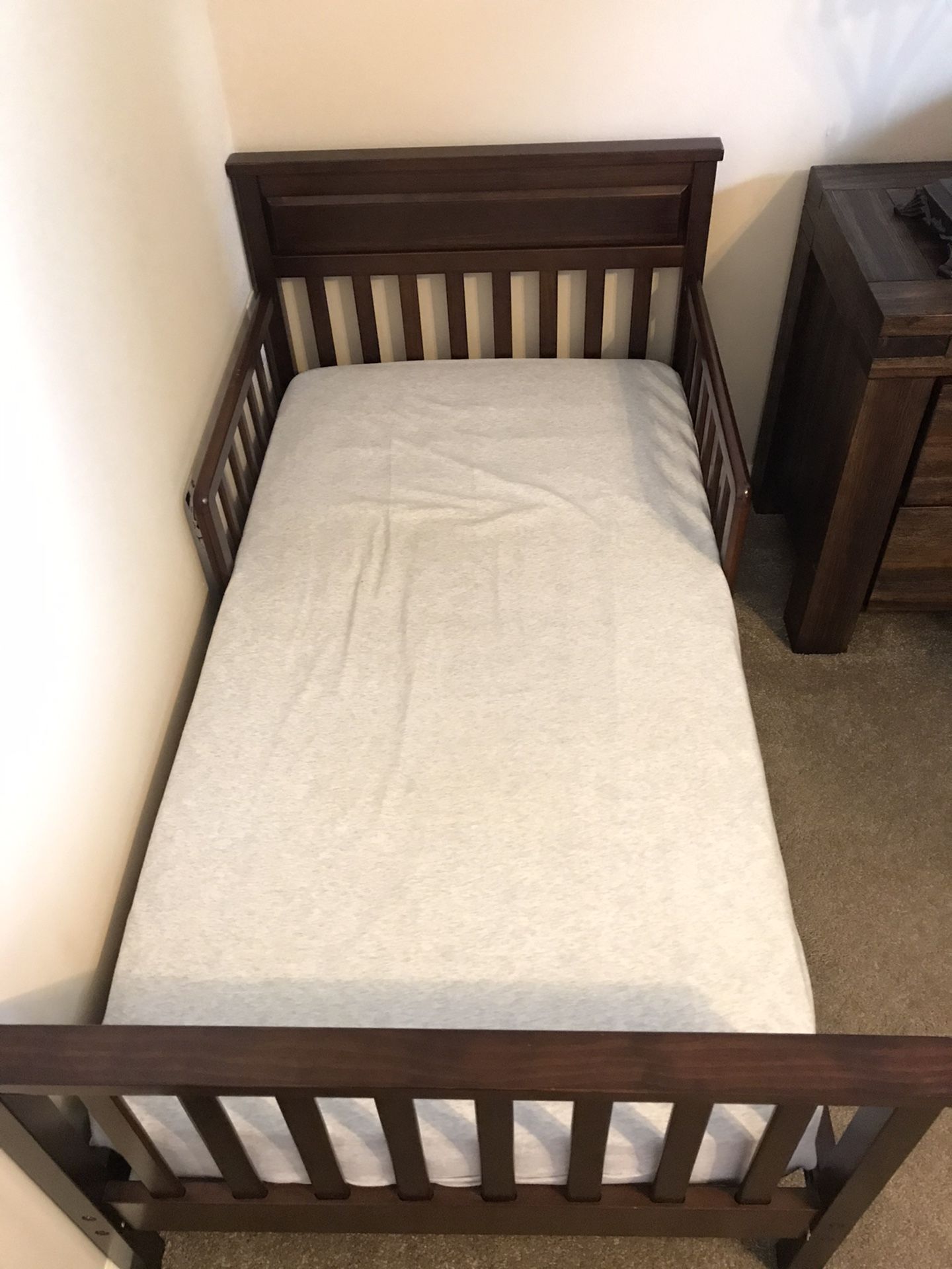 Dark brown wood, bed frame for toddlers