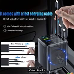 GYIOEUPT 7-in-1 fast car phone charger, with 3 retractable cables and a fast charging port, can be freely adjusted in 180° direction, and features LED