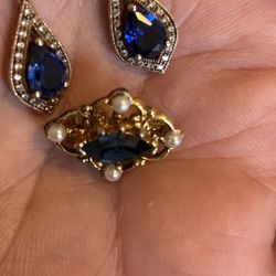Set Of Gold Filled Sterling Silver Brooch And Earrings With Sapphire Gemstones 
