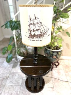 Mid - Century Nautical Ship Wheel Signed With Whaling Bark 1840 Shade Floor Lamp 52” H 22” Wide 