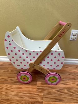 Kids Toddler Wood Polka Dot Pram Stroller Pull Push Toy