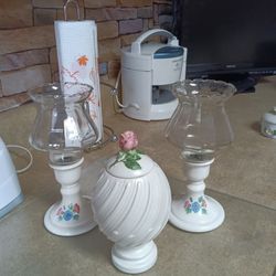 Set Of Candle Holders And Lidded Vase