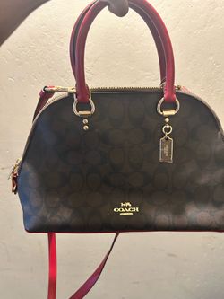 Coach Signature Satchel Handbag with Red Handles