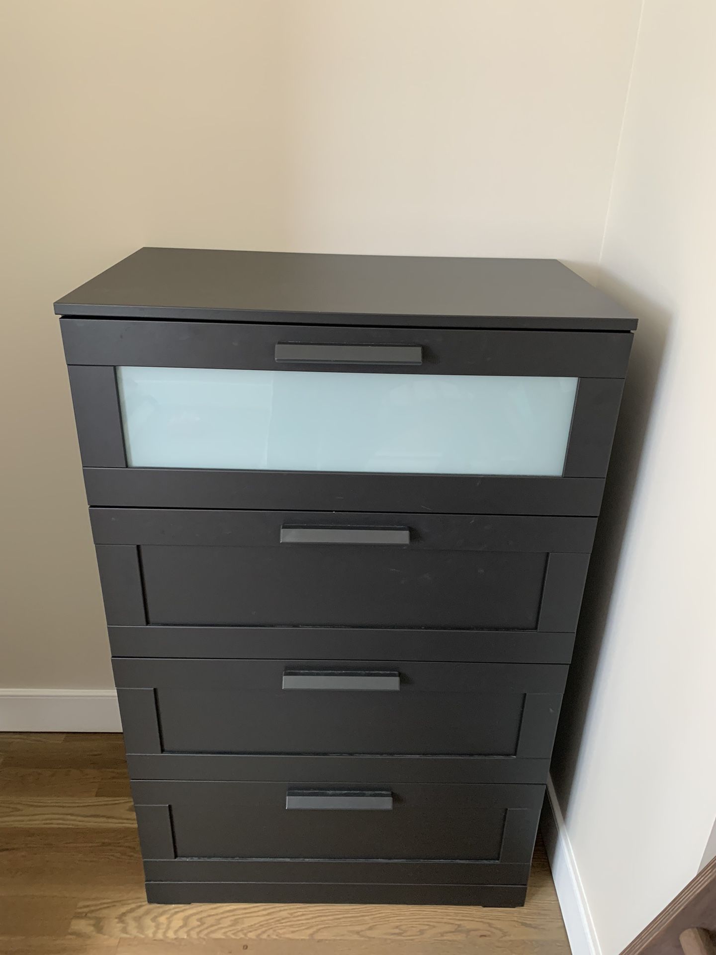 brimnes grey dresser Brimnes chest of 4 drawers with frosted glass from IKEA. Yes, we need more space to storage our clothes. Lovely combination with silver / grey wall paper and silver decors