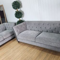 2 matching piece modern nailhead and satin trim gray sofa and loveseat