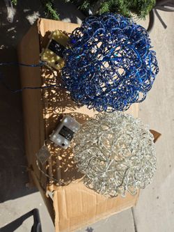 Christmas Bundle, 2 ft Christmas Tree, Small Ornaments, 2 big lighted balls, jingle bells star, large jingle bell, 6 XL Ornaments, everything for $30.