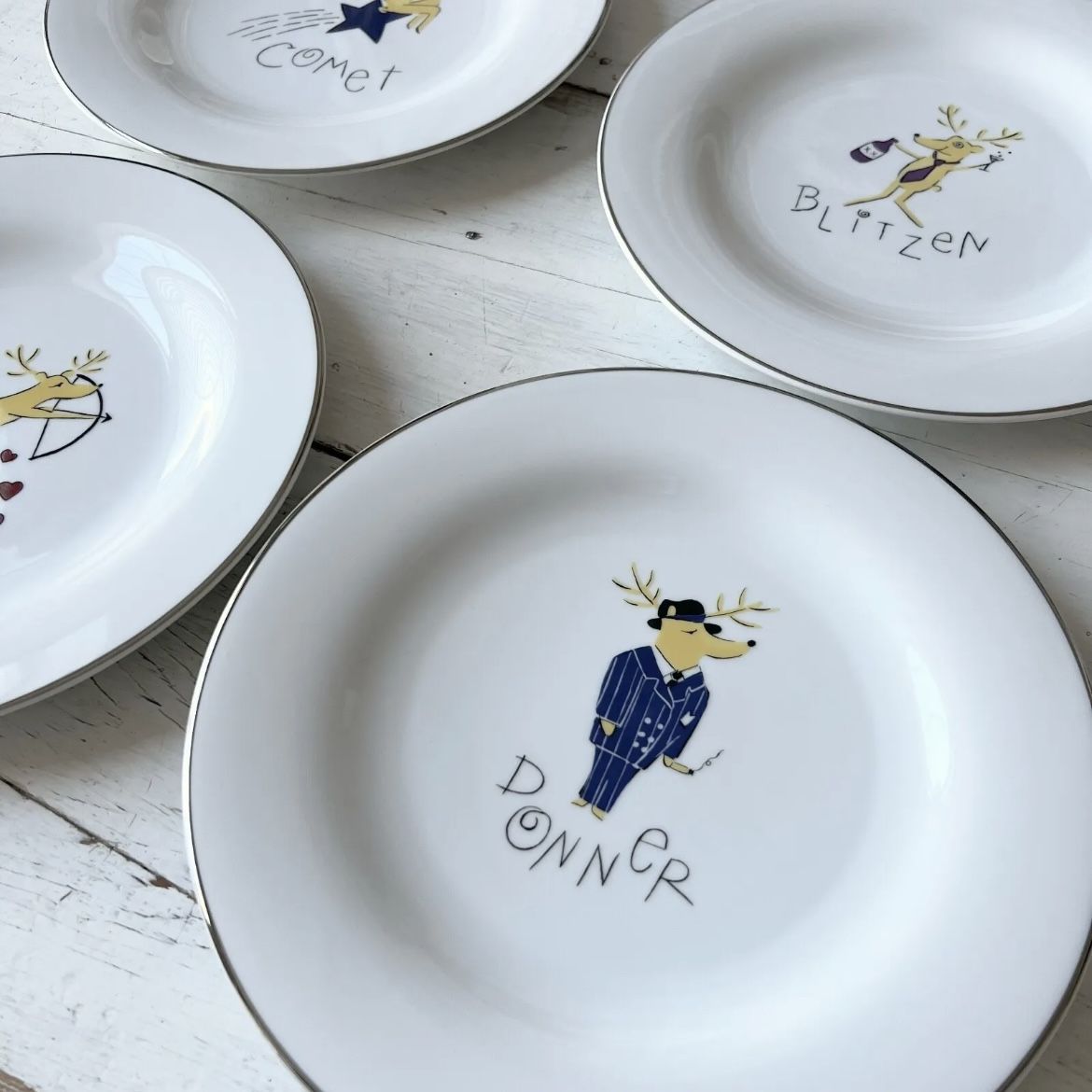 Pottery Barn JAPAN Reindeer Dinner Plates 11" Comet Cupid Donner