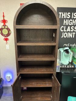 81" Tall Arched Bookcase with cabinets and storage,Mid-Century Modern 6-Tier Bookshelf with Door