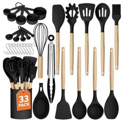 33Pcs Kitchen Utensils Set Silicone Cooking Utensils Set with Wooden Handle Heat-Resistant, Dishwasher Safe, BPA-Free Silicone Kitchen Utensil Set wit