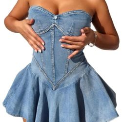 Women's Strapless Denim Dress Sexy Off Shoulder Corset Tube Pleated A Line Summer Mini Jean Dresses Clubwear