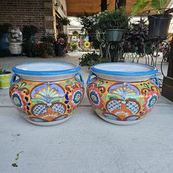 Turquoise RimTalavera Clay Pots. Planters. Plants. Pottery $55 cada uno