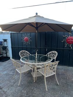 4 Aluminum Stackable Chairs w/ Aluminum/Glass Top Table & 8ft. Umbrella & Base