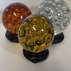 Rare Set Of 3-Very Large, Large, Medium, Italian Art Glass Murano Styled Controlled Bubble Paperweight Yellowish Color, Amber, & Clear On Stands