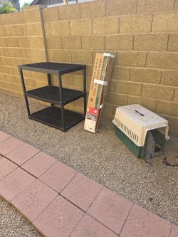 Misc household goods dog kennel, trash can, shelf, Christmas tree