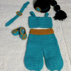 **MADE TO ORDER** Handknit Princess Jasmine Outfit With Shoes, Headband, & Hat