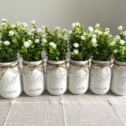 Chalk Painted & Distressed Mason Jar Vases w/faux Flowers Included 6 for $32
