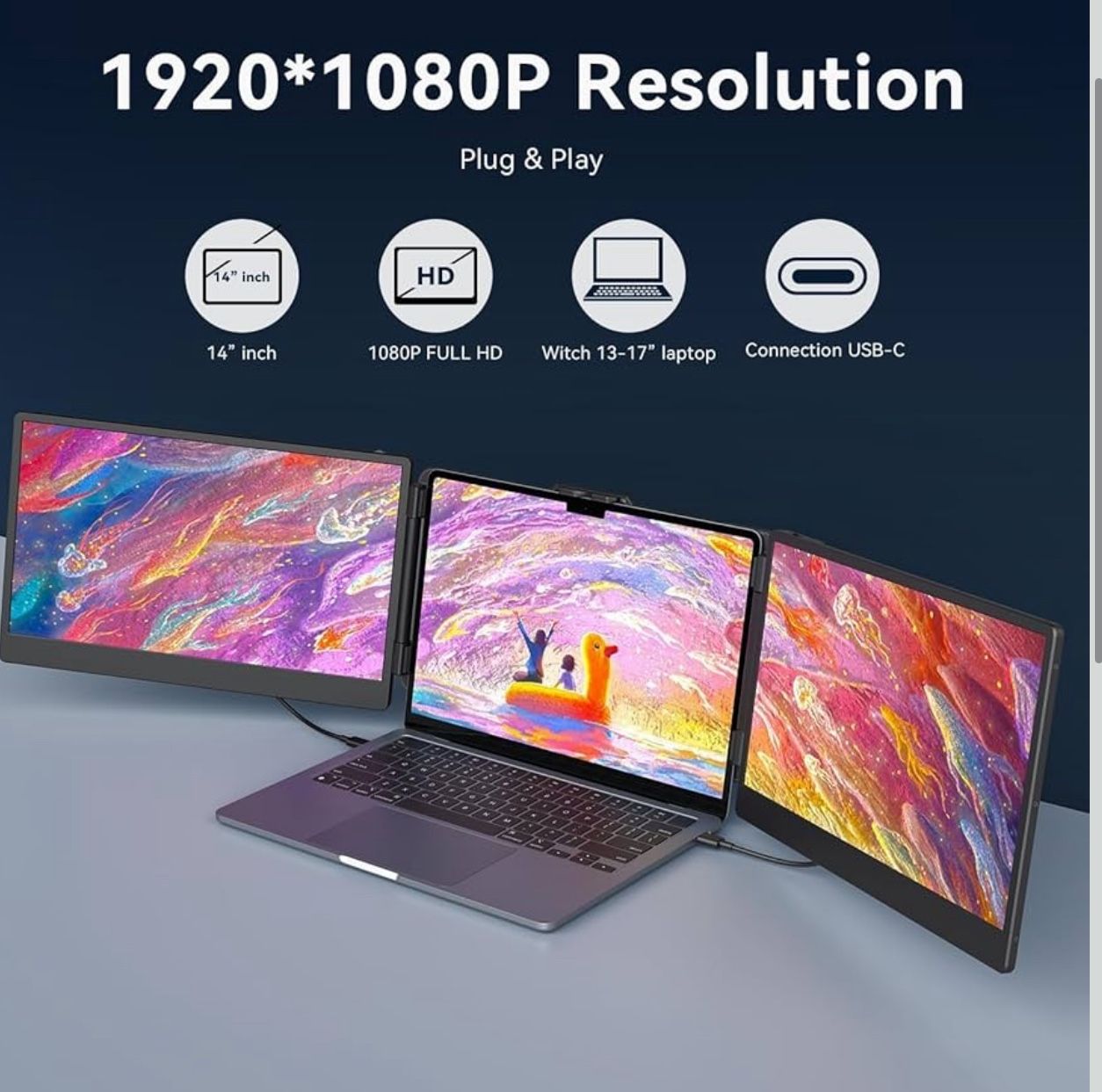 14'' Triple Laptop Screen Extender 1080P FHD, Portable Dual Monitor, Laptop Monitor Extender, for Triple Display, USB C HDMI, Plug-Play, for Mac