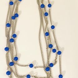 Vintage Blue Beaded Four Strand  Silvertone Necklace