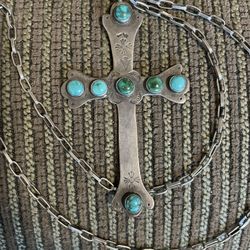 Antique Silver Cross Necklace 4.75” on 28” Chain