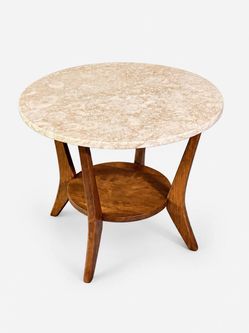 American Mid-Century Modern Wood & Marble Round Side Table, c.1960's- Delivery Available