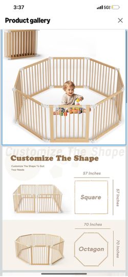 Foldable Wooden Baby Playpen, 145 * 145 * 61 cm Wood Playpen 8 Panels, Adjustable Baby Playard for Babies and Toddlers with Safety Locking Gate, Perfe