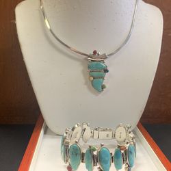 Vintage Barse Turquoise and Sterling Silver Link Bracelet Choker Collar Set