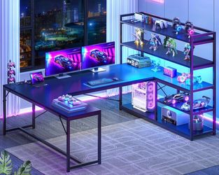 63” black gaming desk L shape with shelf and lights