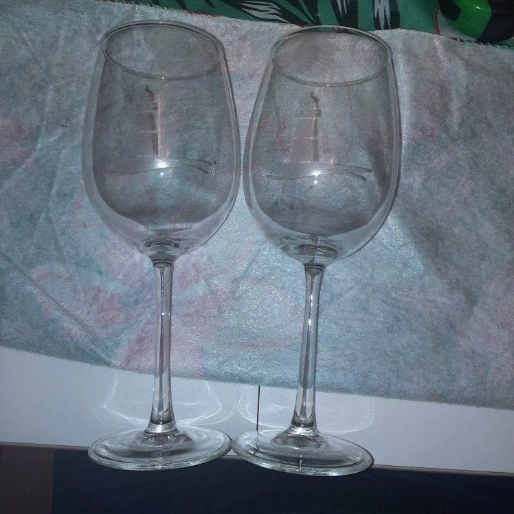 Elegant Wine Glasses With Etched Light House. 9 Inches Tall.
