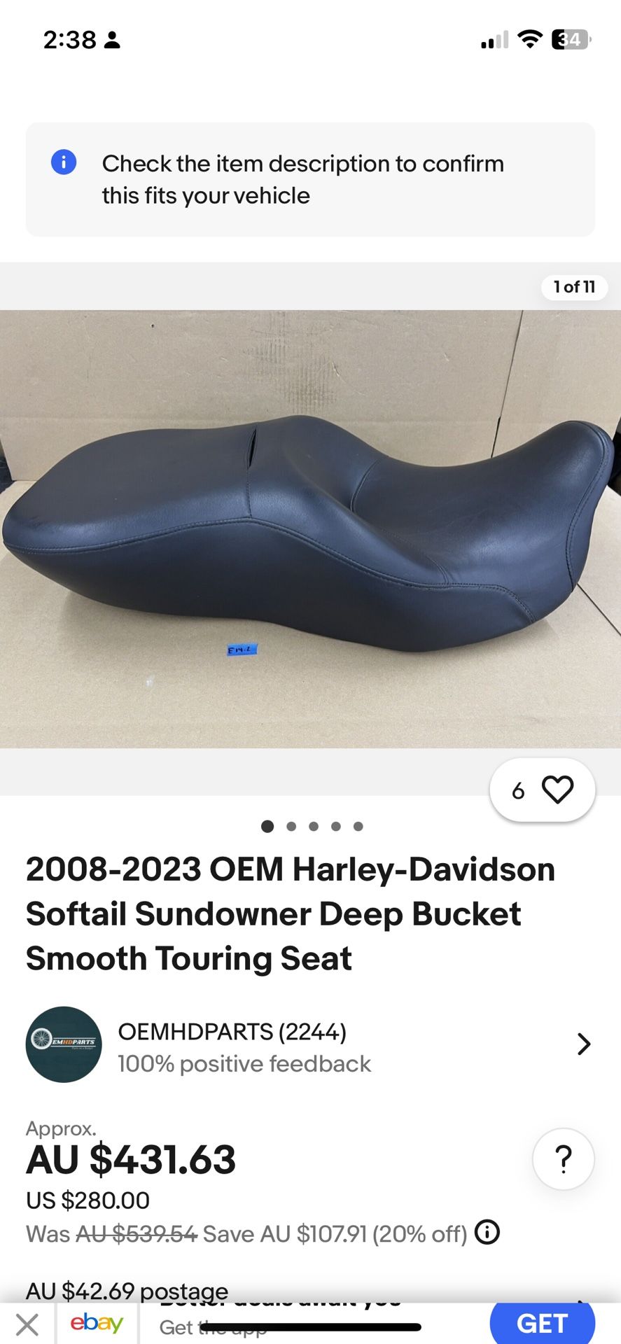 2008-2023 OEM Harley-Davidson Softail Sundowner Deep Bucket Smooth Touring Seat
