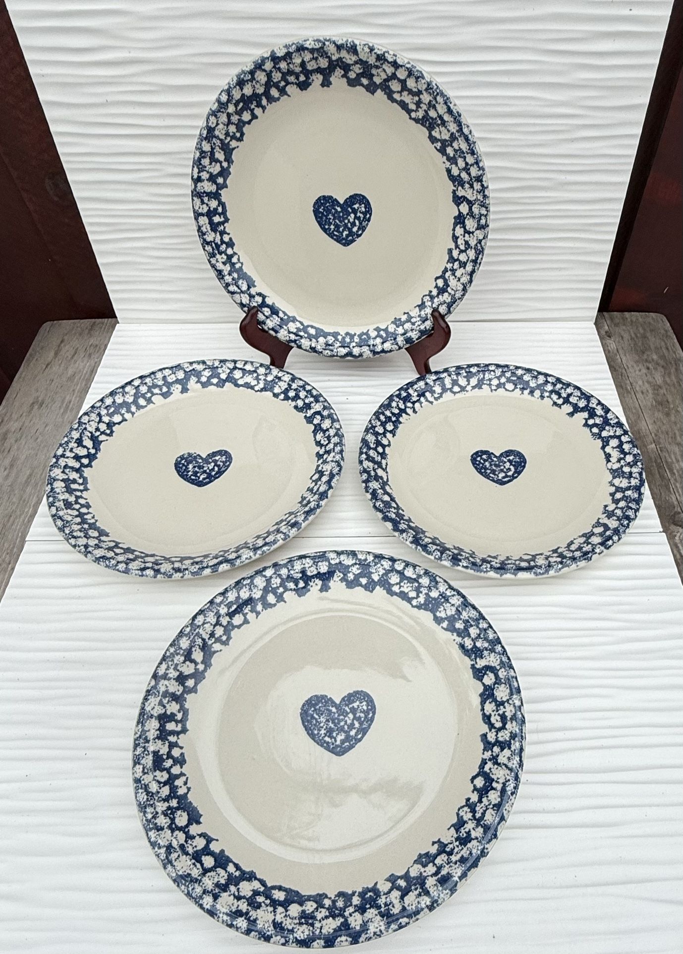 Set Of (4) Folk Craft Blue Sponge Heart Plates Tienshan One Price