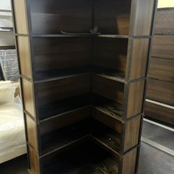 Wood Corner Book Shelf, 5 Tier 65 Inch Tall Bookshelf with Storage, Floor Standing Display Book Shelf for Living Room, Kitchen, Home Office, Antique B