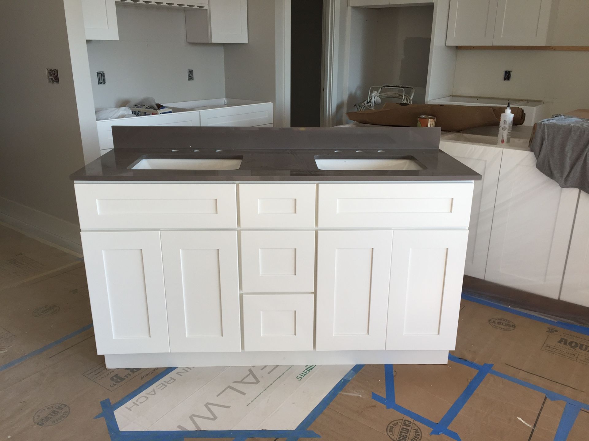 60” double sink vanity cabinet and quartz counter
